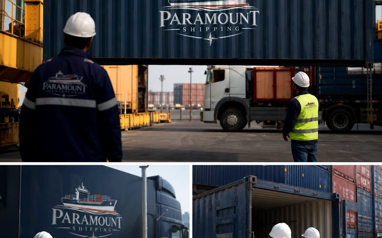 Paramount crew, containers and a truck on the quay